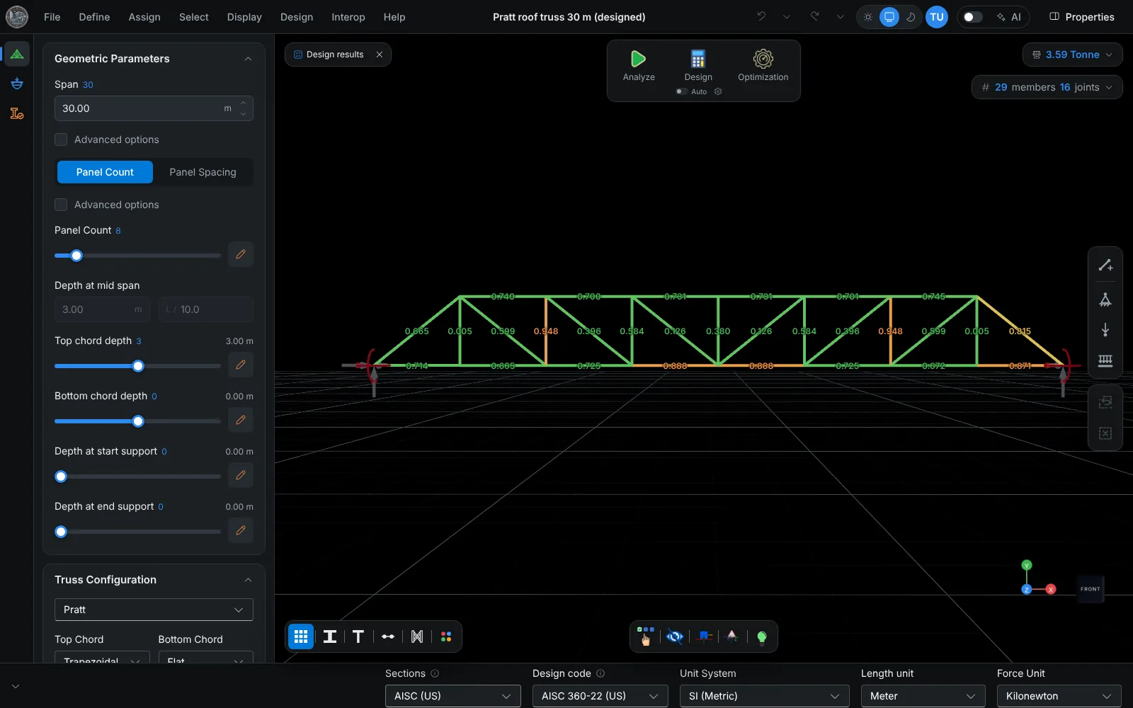 Truss members colored by utilization after auto section design
