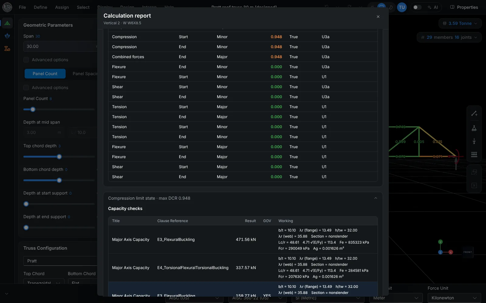 Member calculation report with limit states, demands and capacities