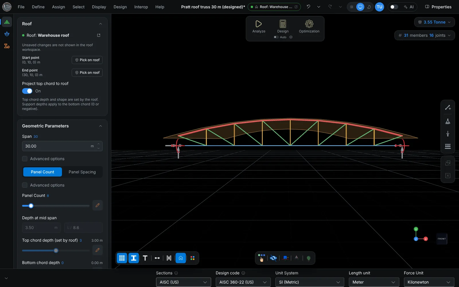 Truss connected to a barrel roof, its top chord projected to the roof section